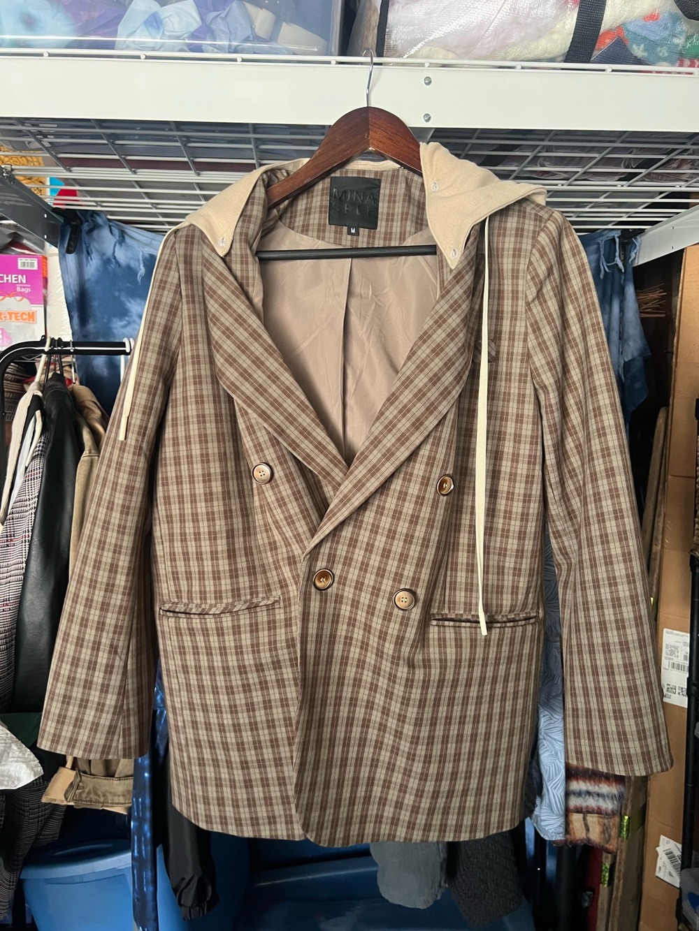 Ina Tan and Brown Plaid Double-Breasted Blazer with Hood